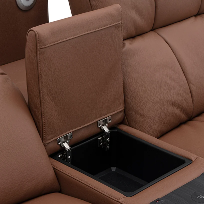 Cinema seat with storage compartments and USB charging